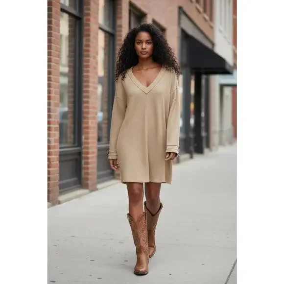 Waffle Knit Sweater Dress with Pockets Small Tan Beige Long Sleeve Cozy Fall - Picture 1 of 3